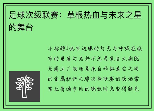 足球次级联赛：草根热血与未来之星的舞台